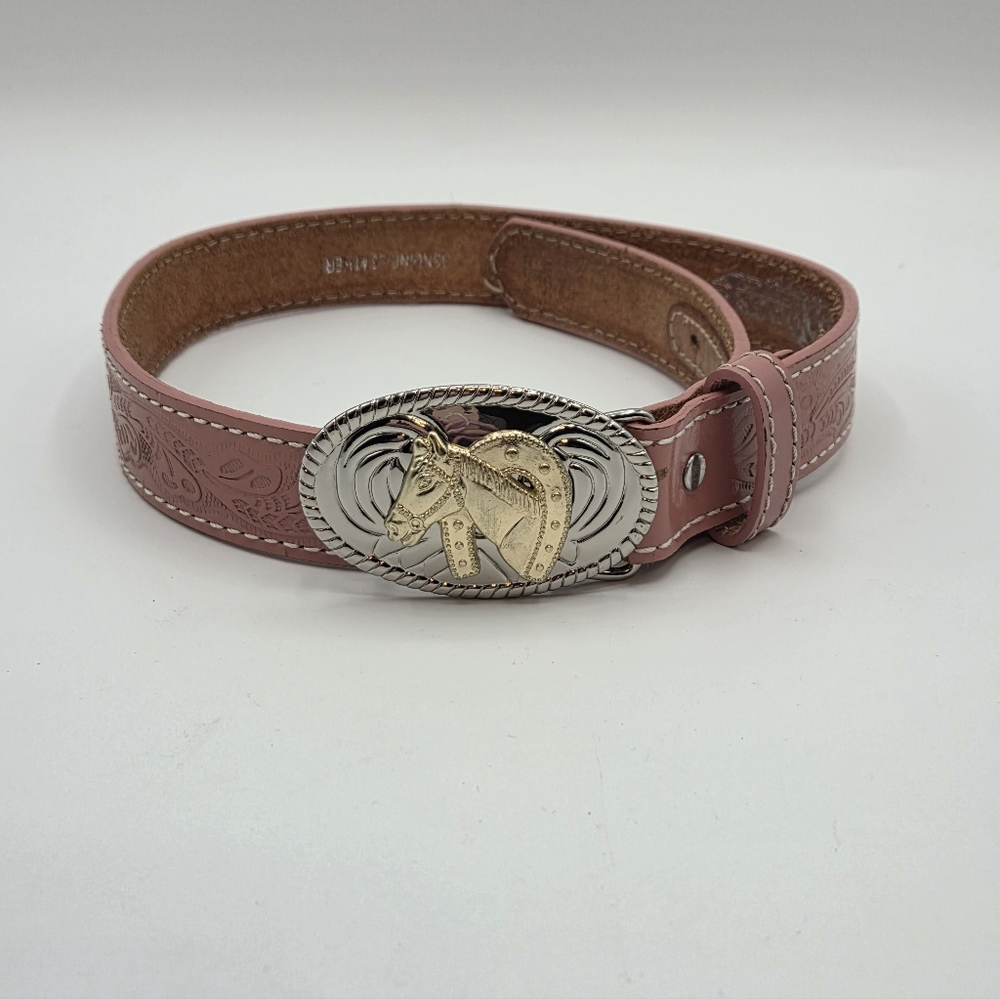 Vintage Nocona Belt Company Youth Girl's Pink Tooled Leather Belt